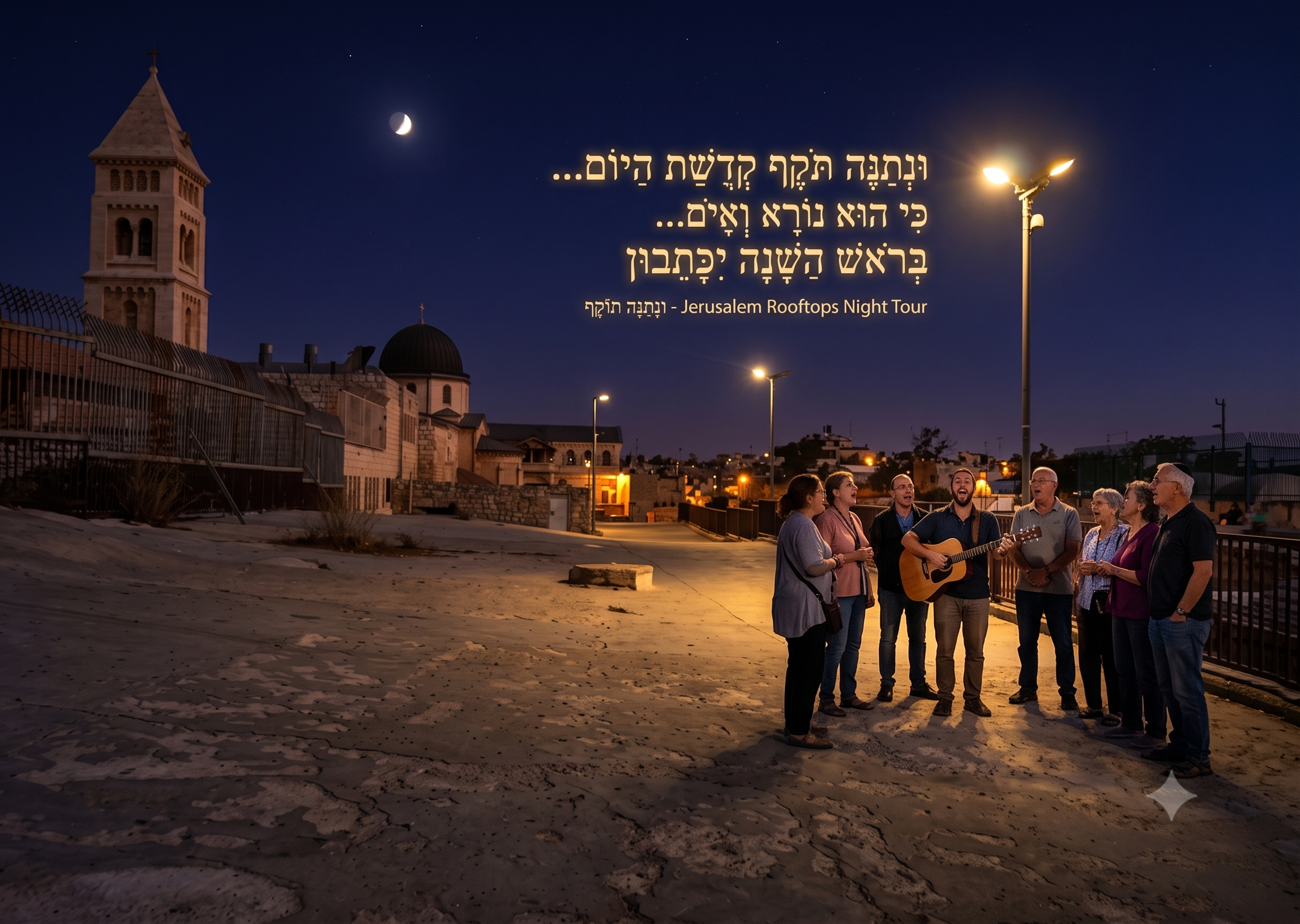 A group singing Selichot on the Jerusalem rooftops